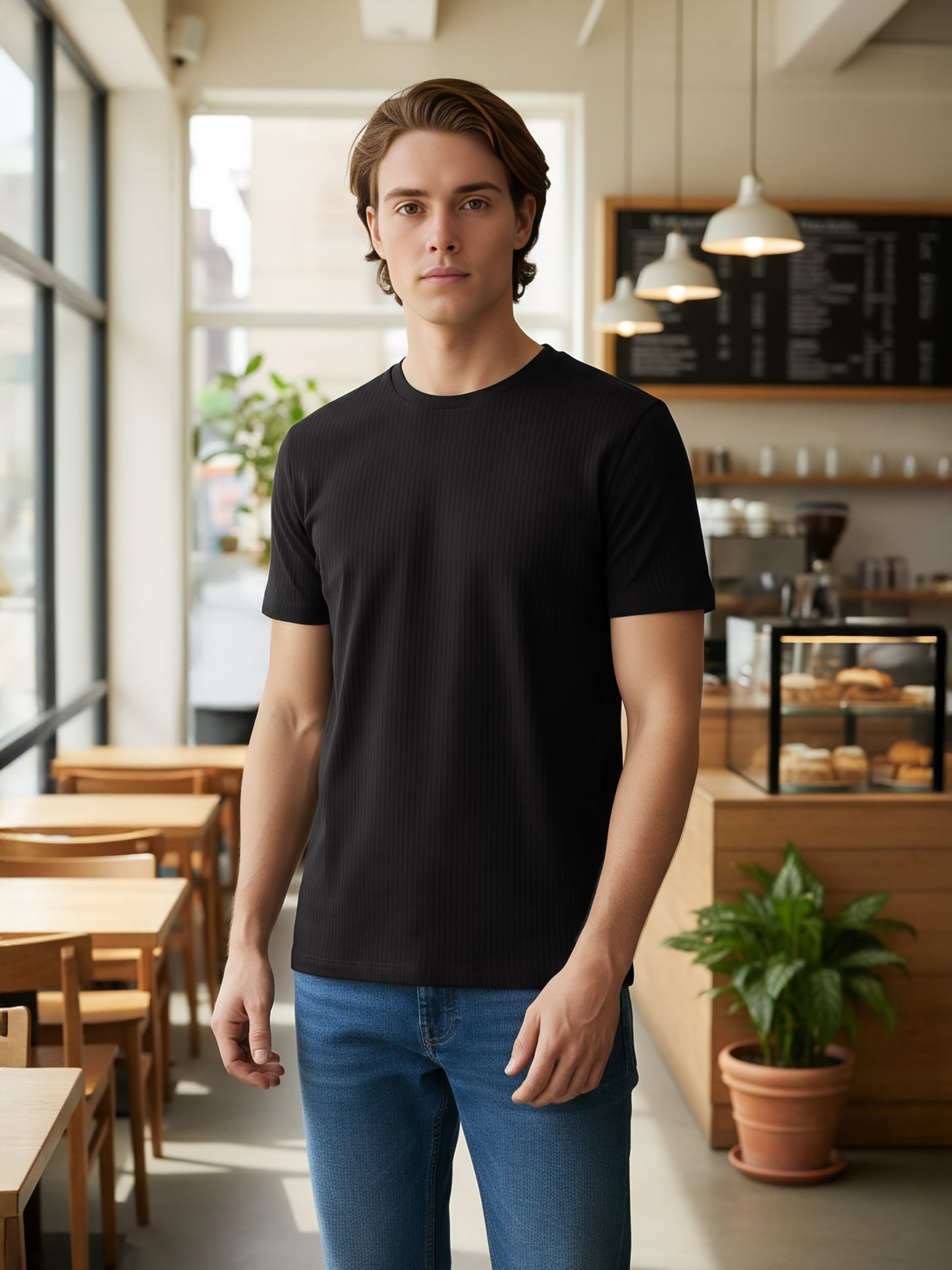 Celio* Men Black Solid Slim Fit Cotton T-Shirts