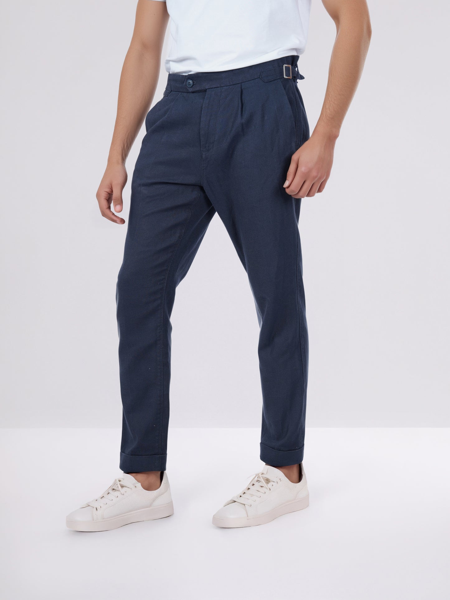 Celio* Men Navy Blue Solid Slim Fit Cotton-Linen-Blend Trousers