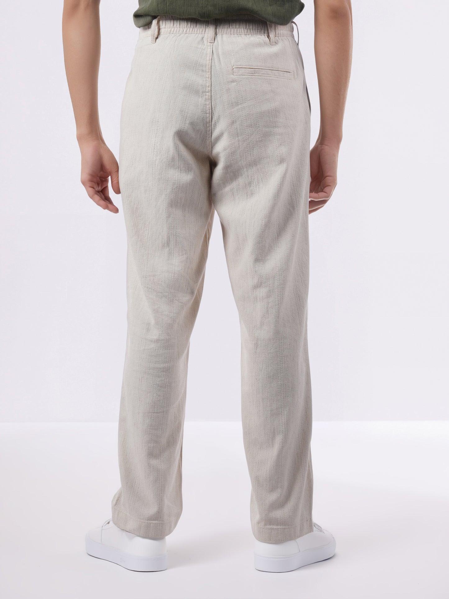 Celio* Men Beige Solid Straight Fit Cotton-Linen-Blend Trousers