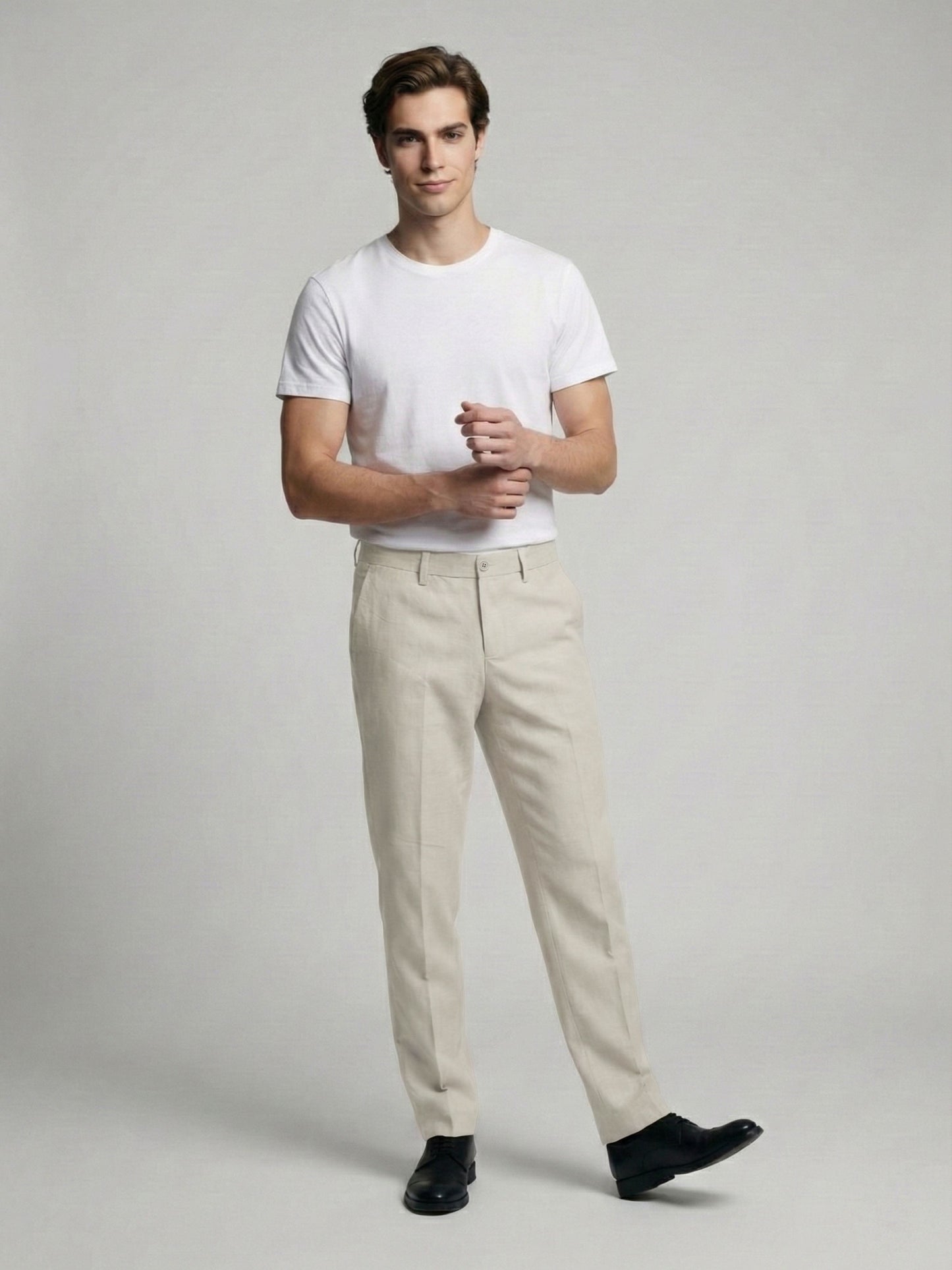 Celio* Men Off White Solid Straight Fit Polyester Trousers
