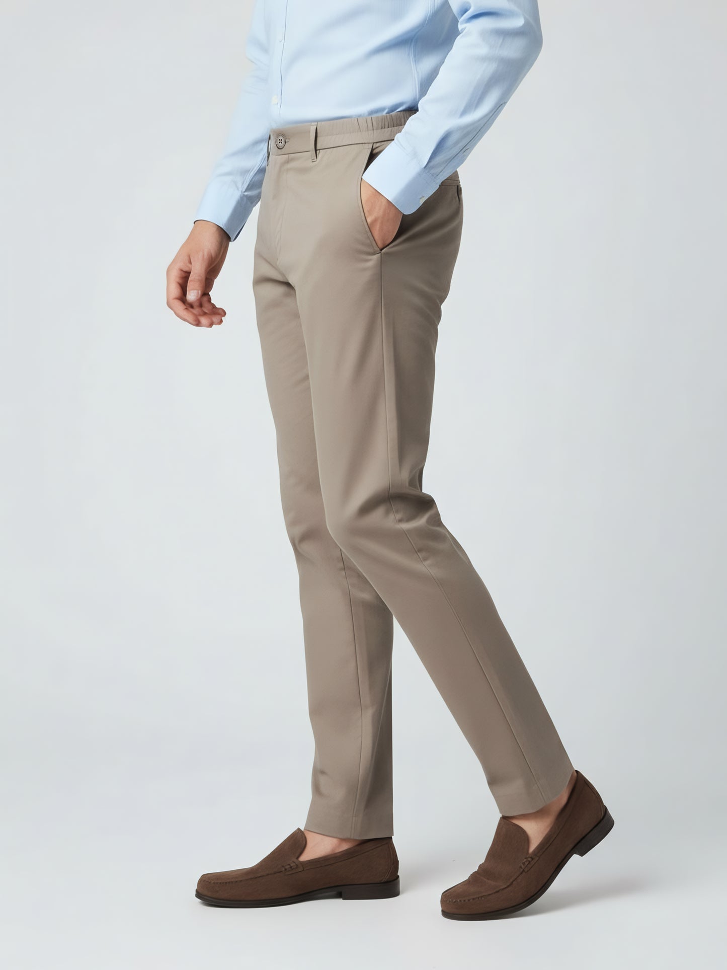 Celio* Men Beige Solid Straight Fit Poly-Blend Trousers