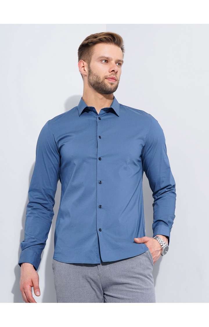 Celio* Solid Regular Fit Workwear Blue Shirts