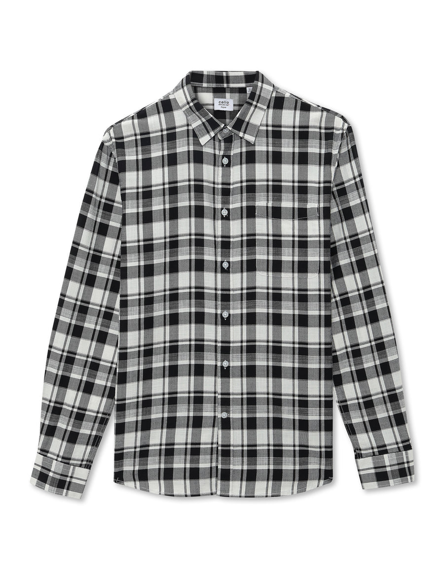 Regular Fit 100% Cotton Checked Spread Collar Shirt - Black