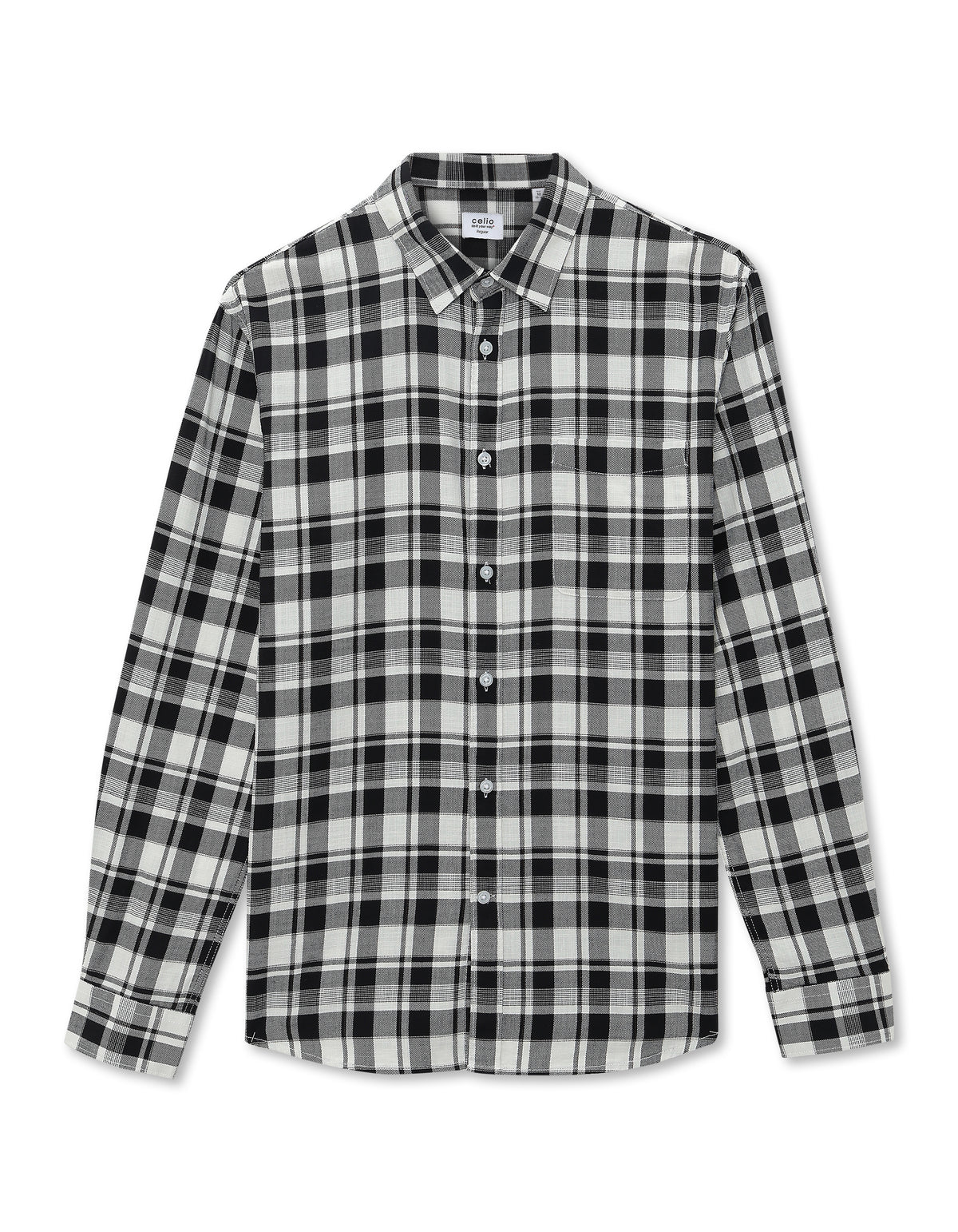 Regular Fit 100% Cotton Checked Spread Collar Shirt - Black