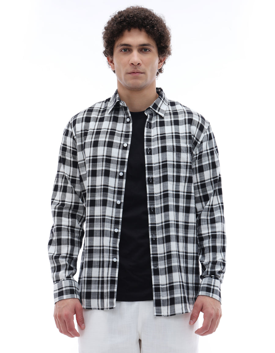 Regular Fit 100% Cotton Checked Spread Collar Shirt - Black