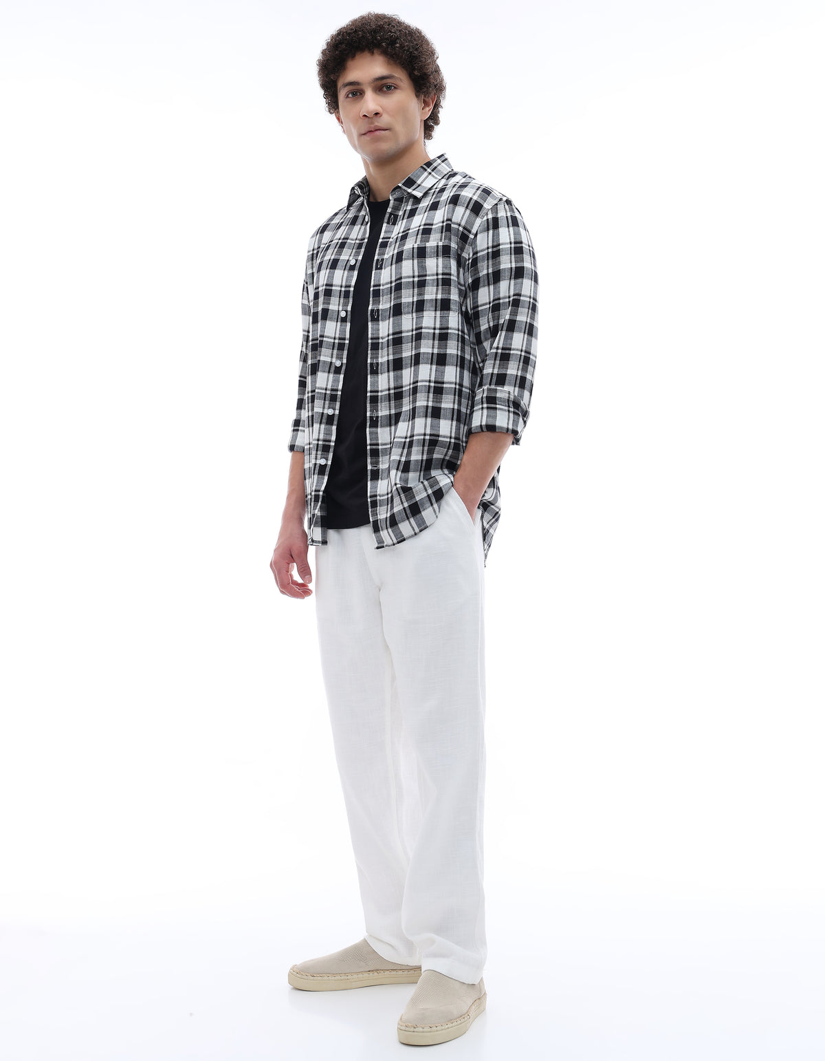 Regular Fit 100% Cotton Checked Spread Collar Shirt - Black