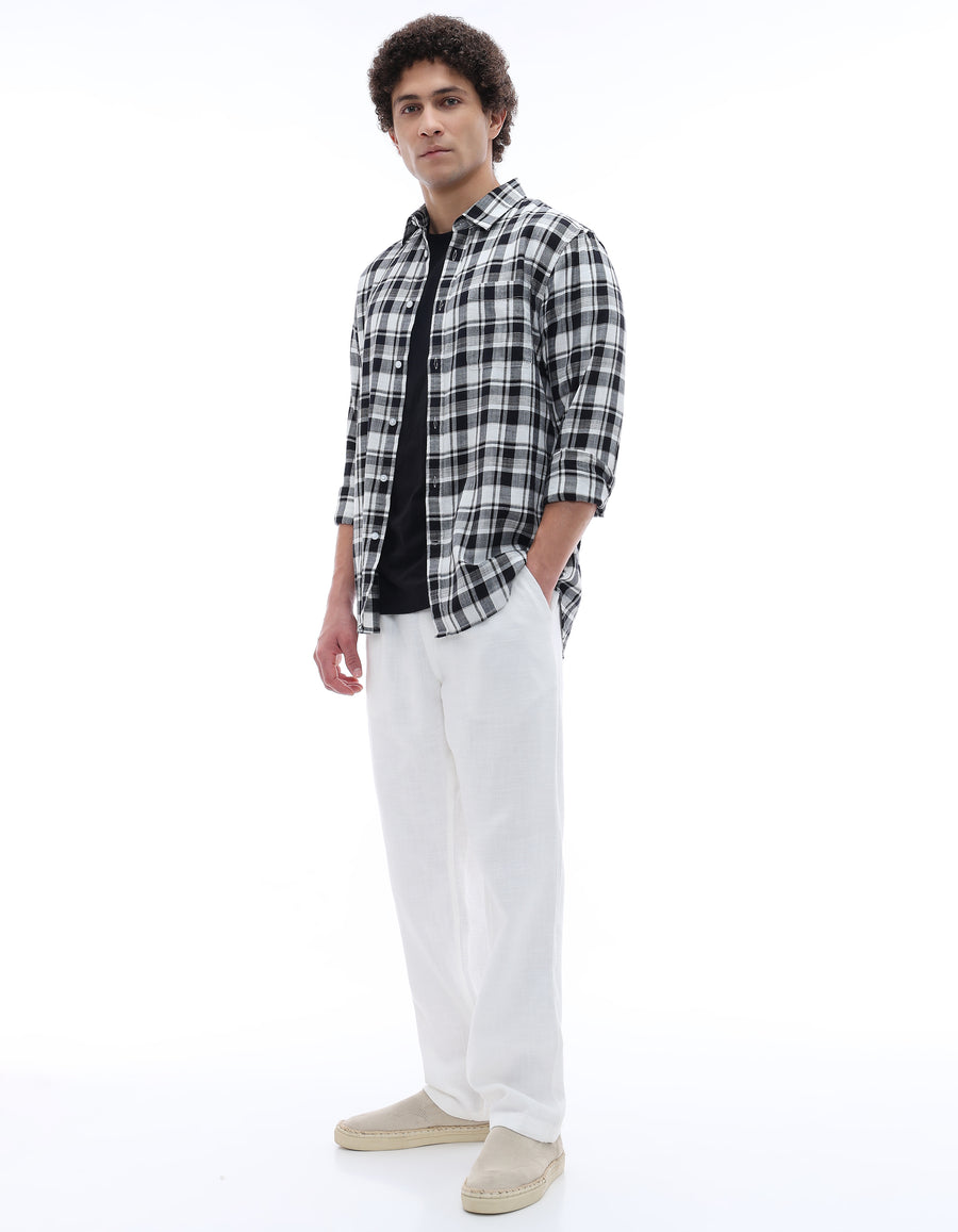 Regular Fit 100% Cotton Checked Spread Collar Shirt - Black