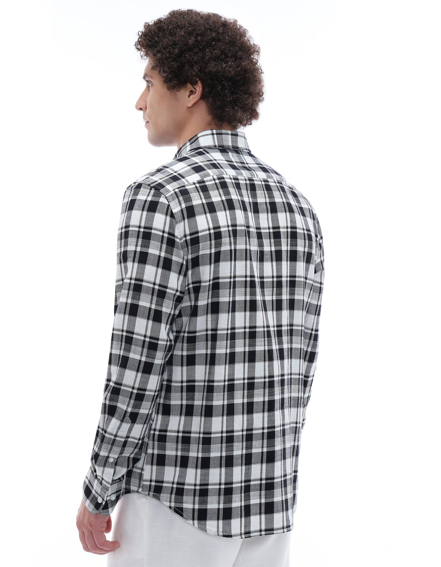 Regular Fit 100% Cotton Checked Spread Collar Shirt - Black