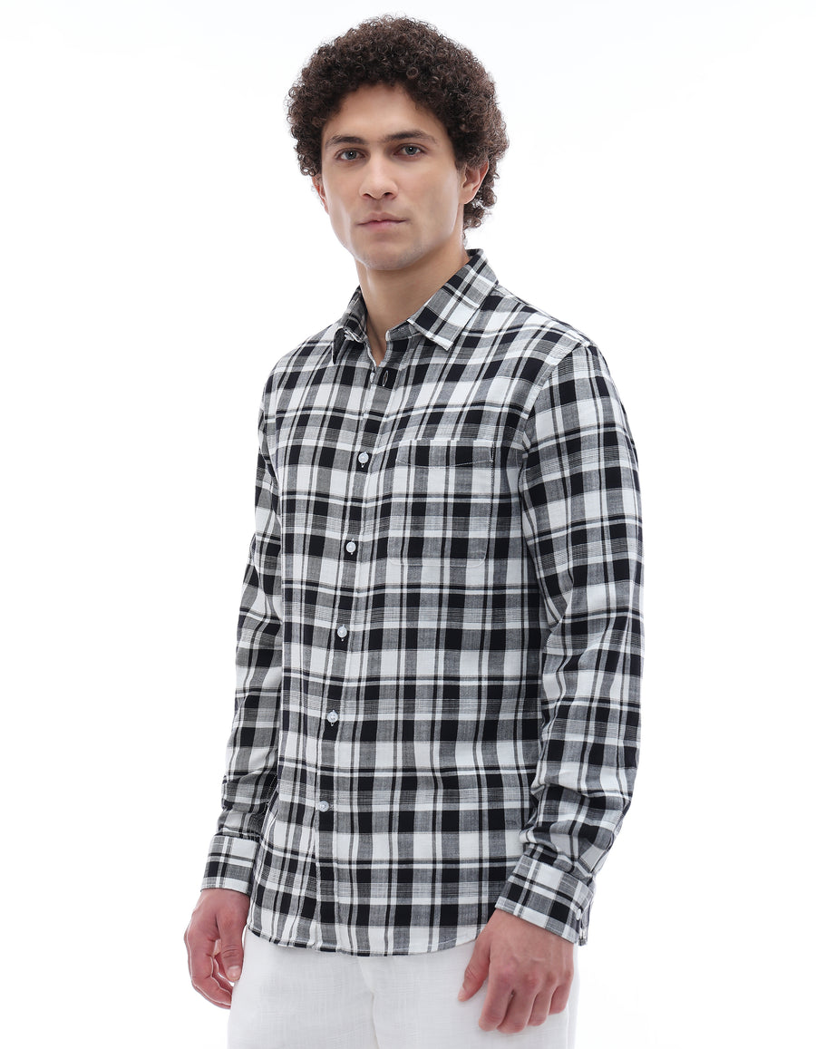 Regular Fit 100% Cotton Checked Spread Collar Shirt - Black