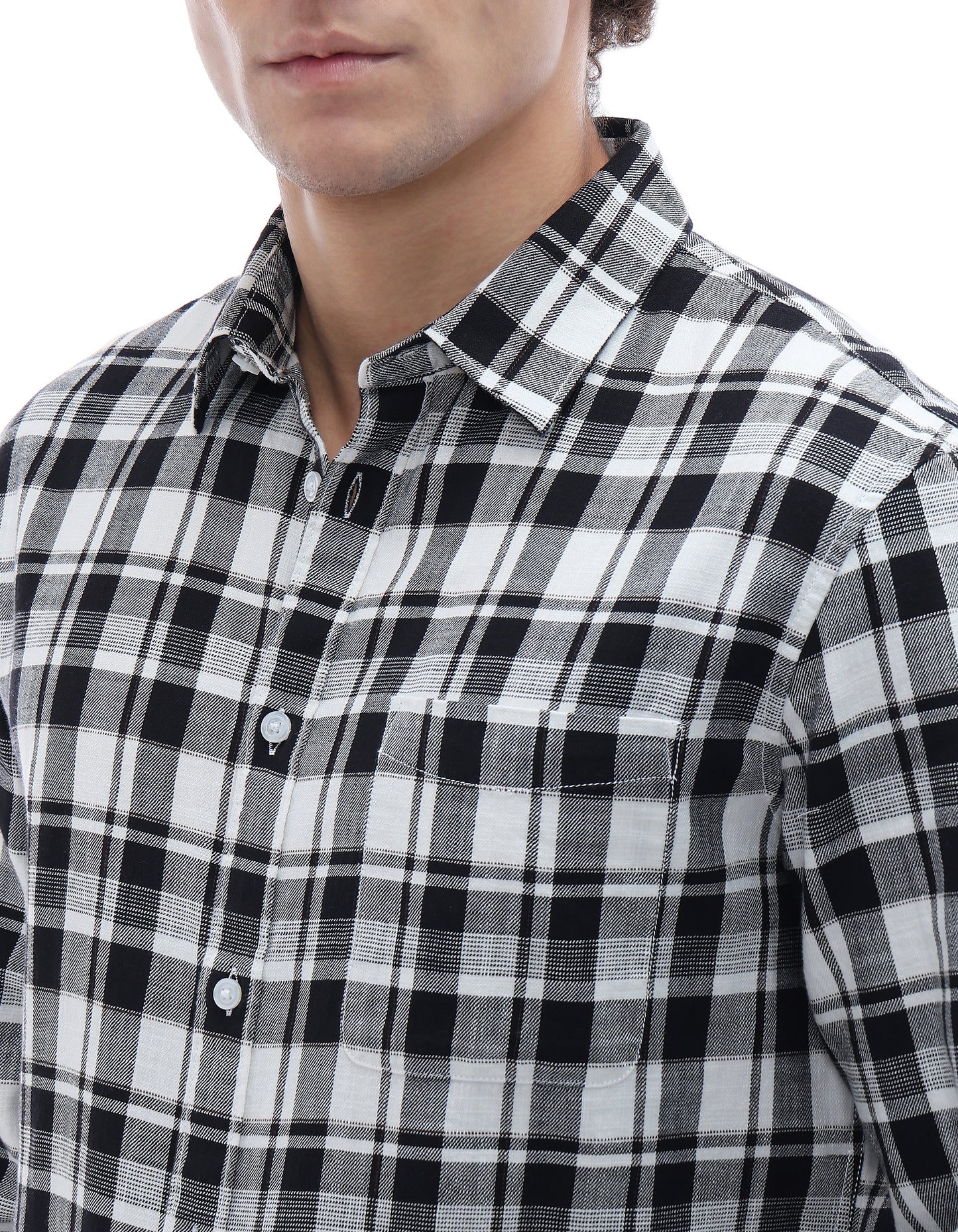 Regular Fit 100% Cotton Checked Spread Collar Shirt - Black
