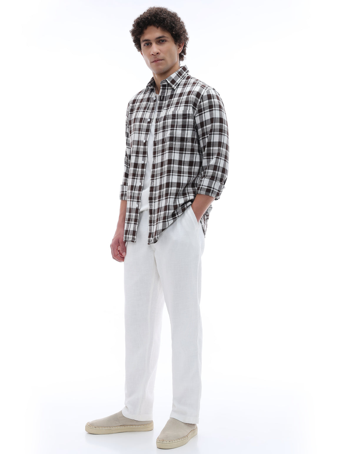 Regular Fit 100% Cotton Checked Spread Collar Shirt - Brown