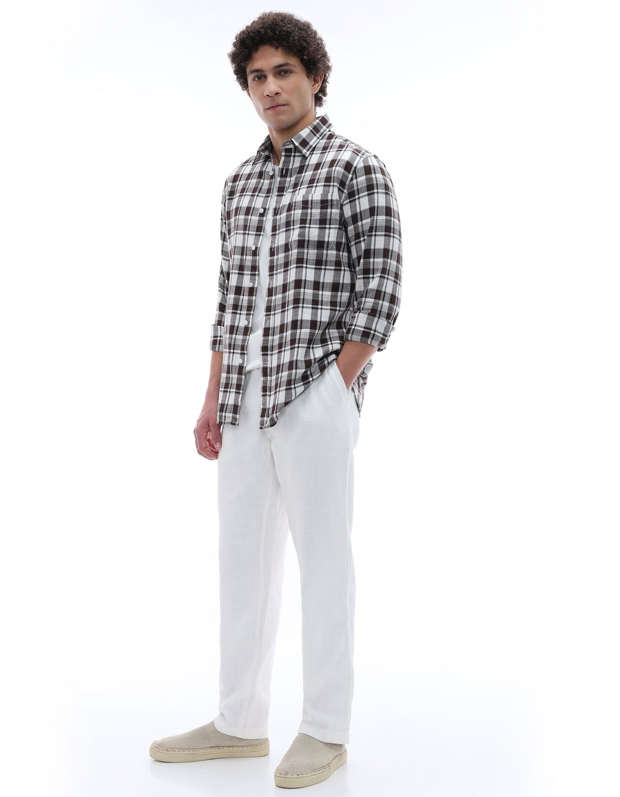 Regular Fit 100% Cotton Checked Spread Collar Shirt - Brown