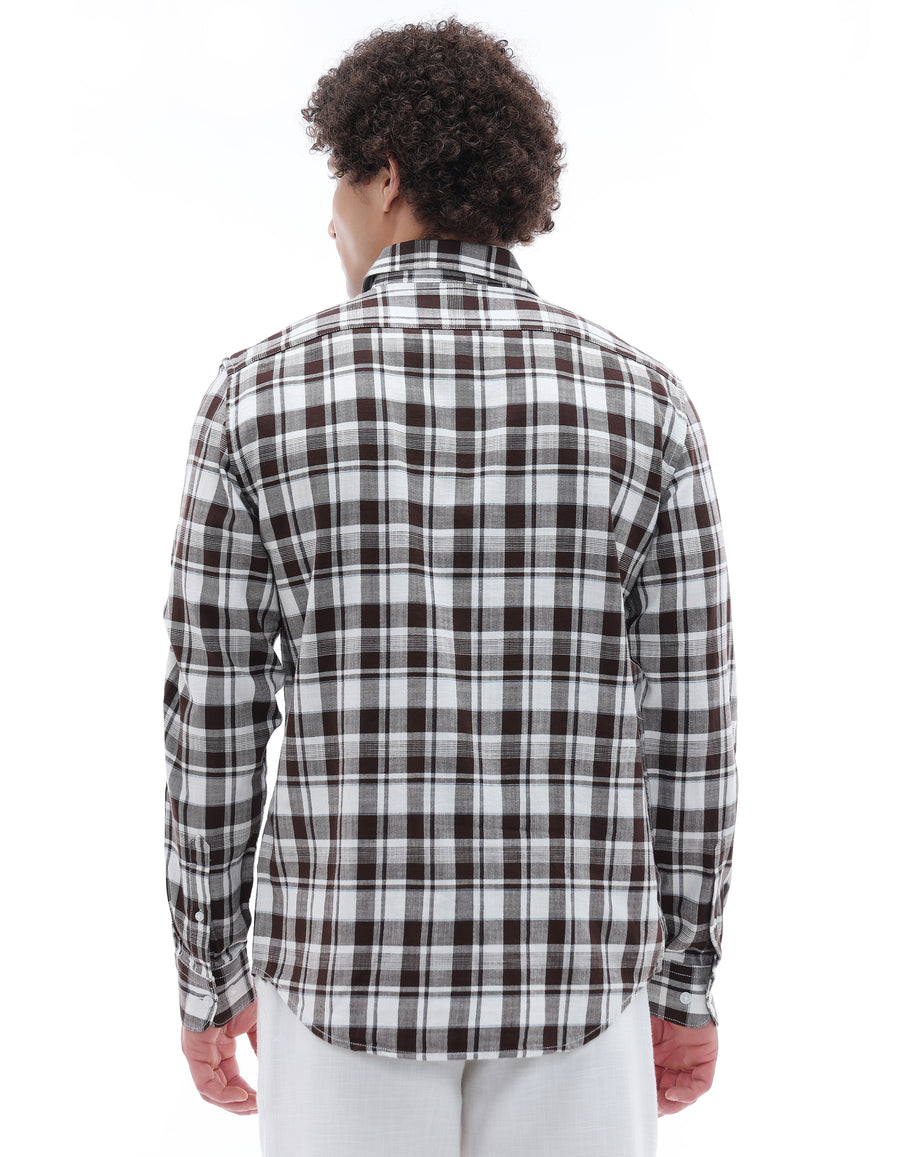 Regular Fit 100% Cotton Checked Spread Collar Shirt - Brown