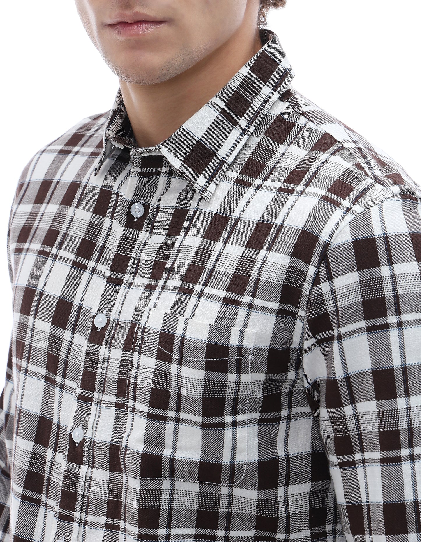Regular Fit 100% Cotton Checked Spread Collar Shirt - Brown