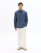 Regular Fit 100% Cotton Striped Spread Collar Shirt - Blue