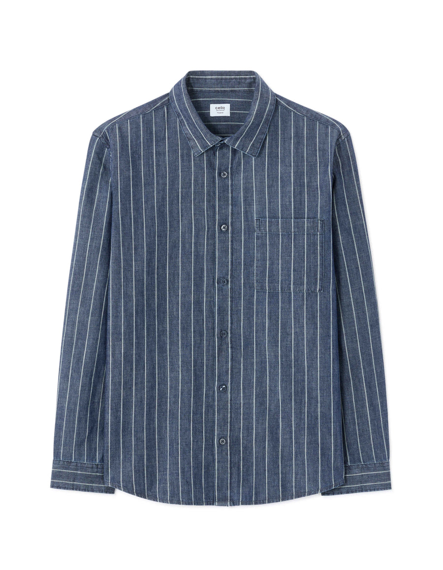 Regular Fit 100% Cotton Striped Spread Collar Shirt - Blue