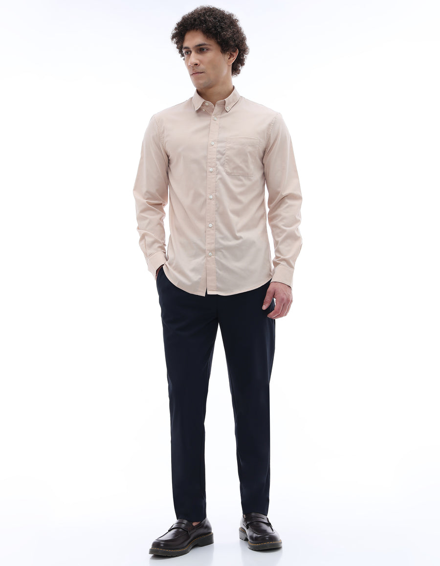 Regular Fit 100% Cotton Regular Collar Shirt - Beige