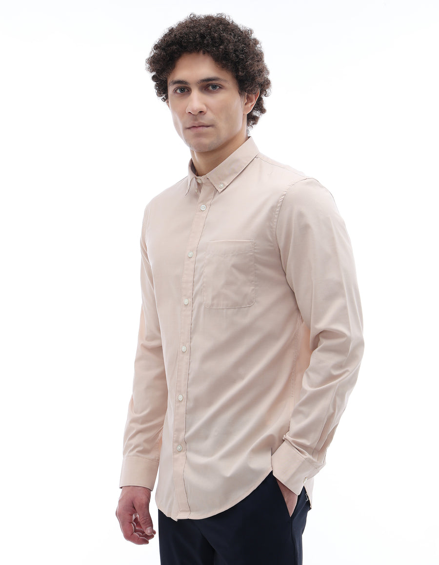 Regular Fit 100% Cotton Regular Collar Shirt - Beige