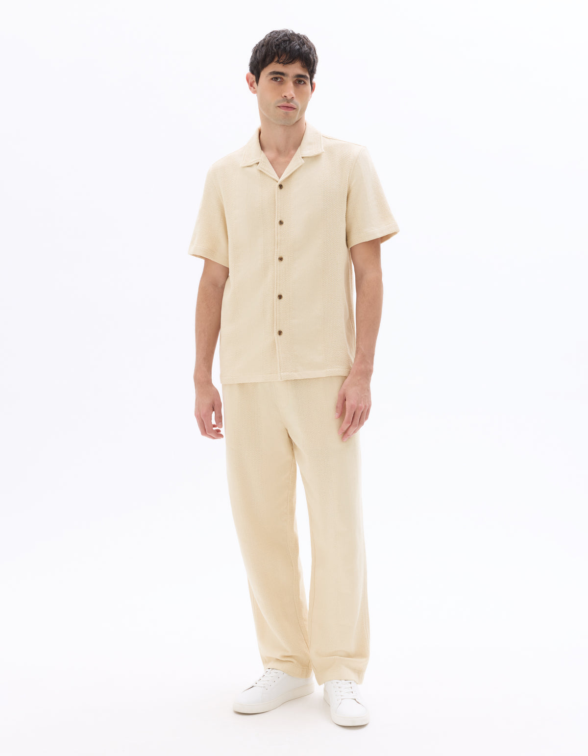 Regular Fit 100% Cotton Cuban Collar Shirt - Beige