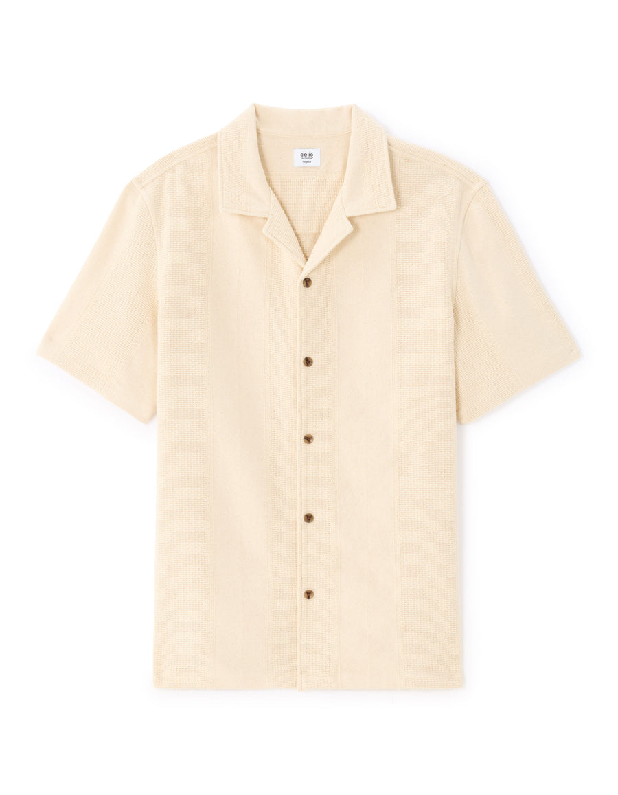 Regular Fit 100% Cotton Cuban Collar Shirt - Beige