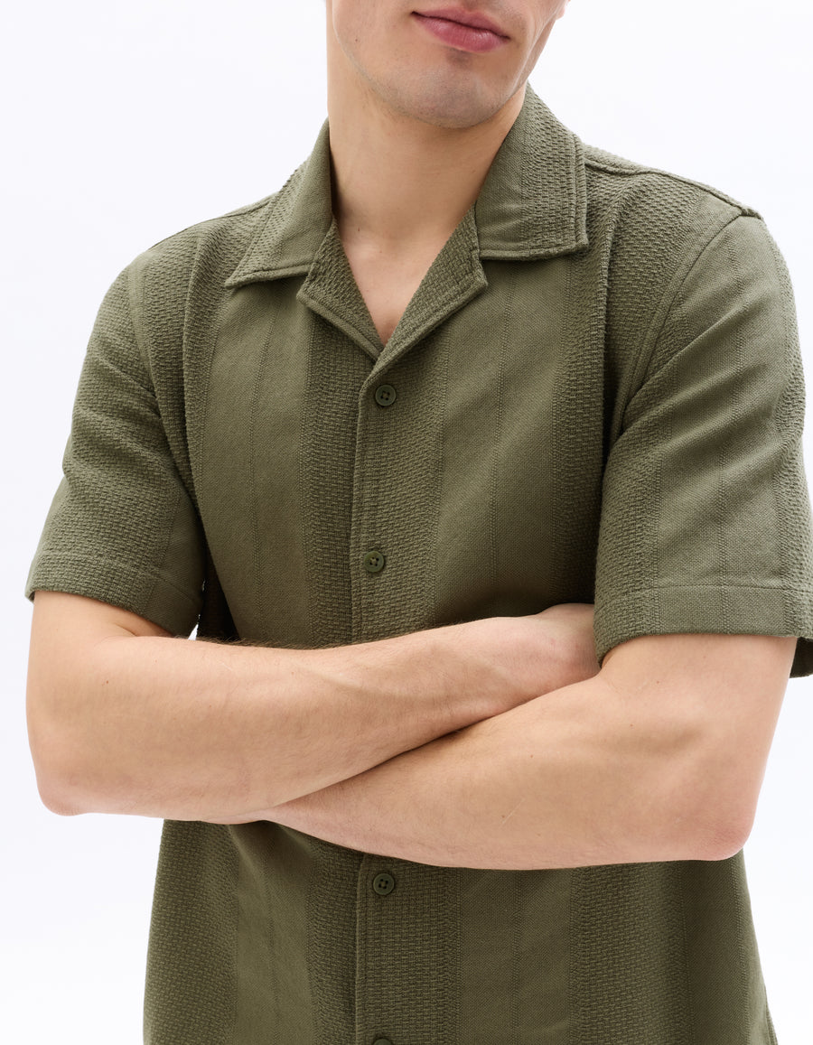 Regular Fit 100% Cotton Cuban Collar Shirt - Khaki