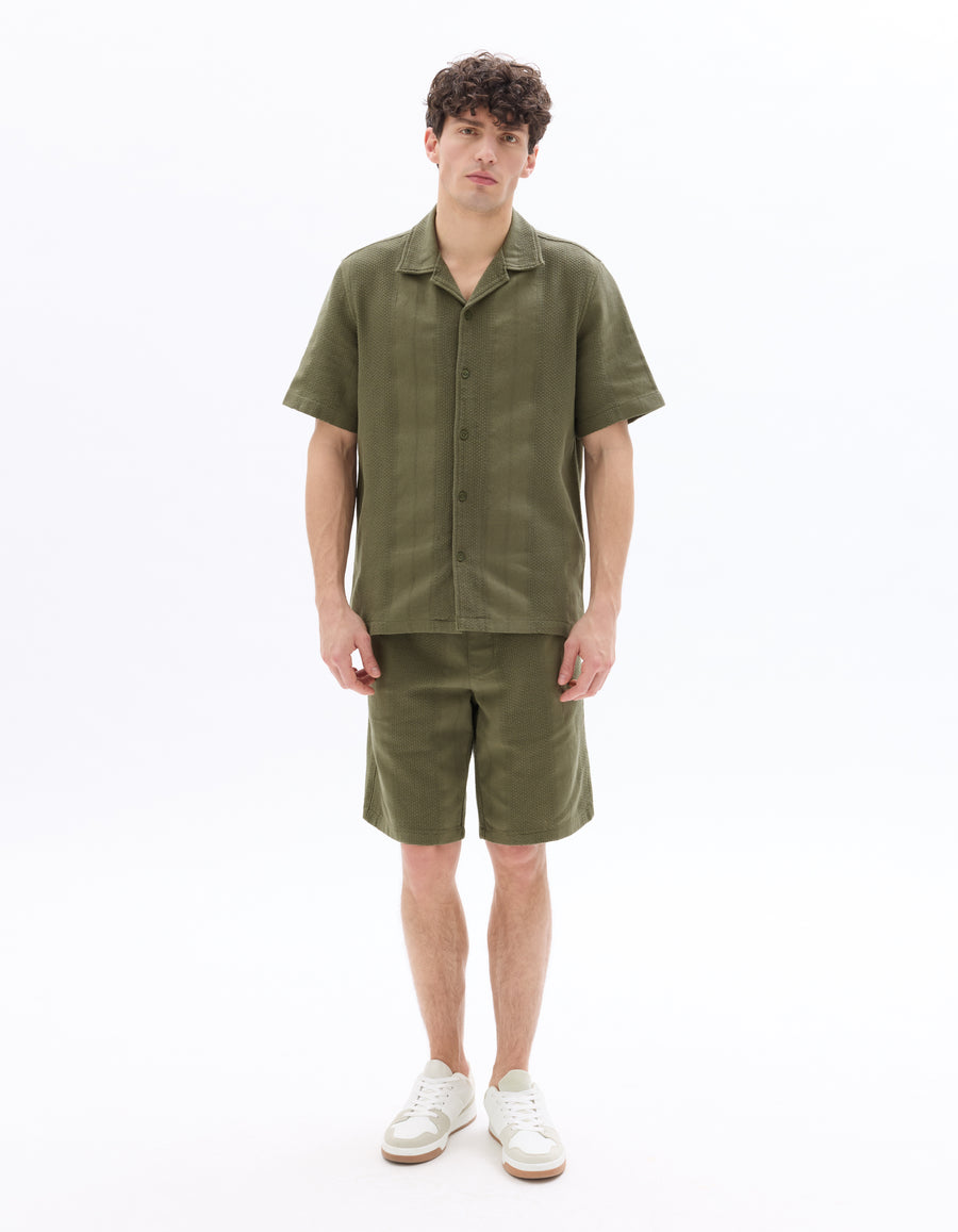 Regular Fit 100% Cotton Cuban Collar Shirt - Khaki