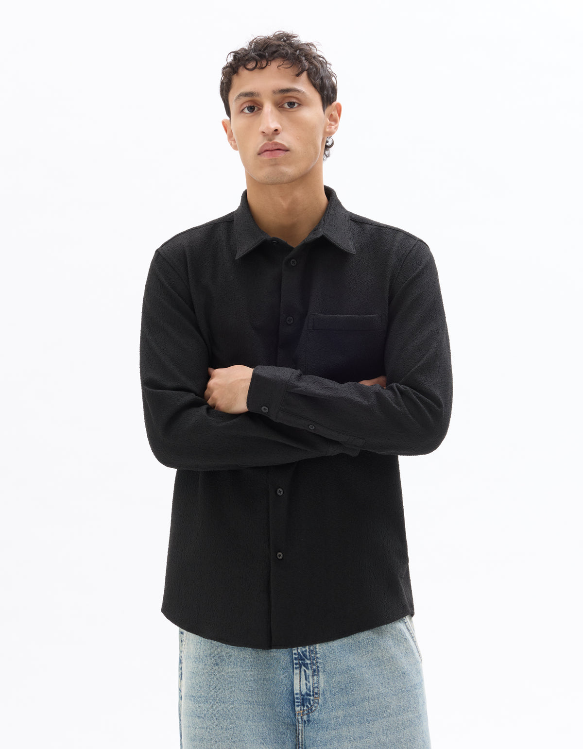 Regular Fit Polyester Spread Collar Shirt - Black