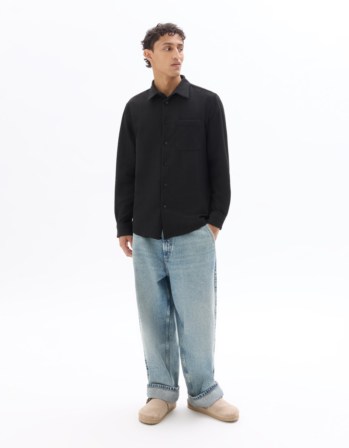 Regular Fit Polyester Spread Collar Shirt - Black