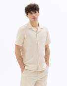 Regular Fit Cotton Blend Striped Cuban Collar Shirt - Ecru