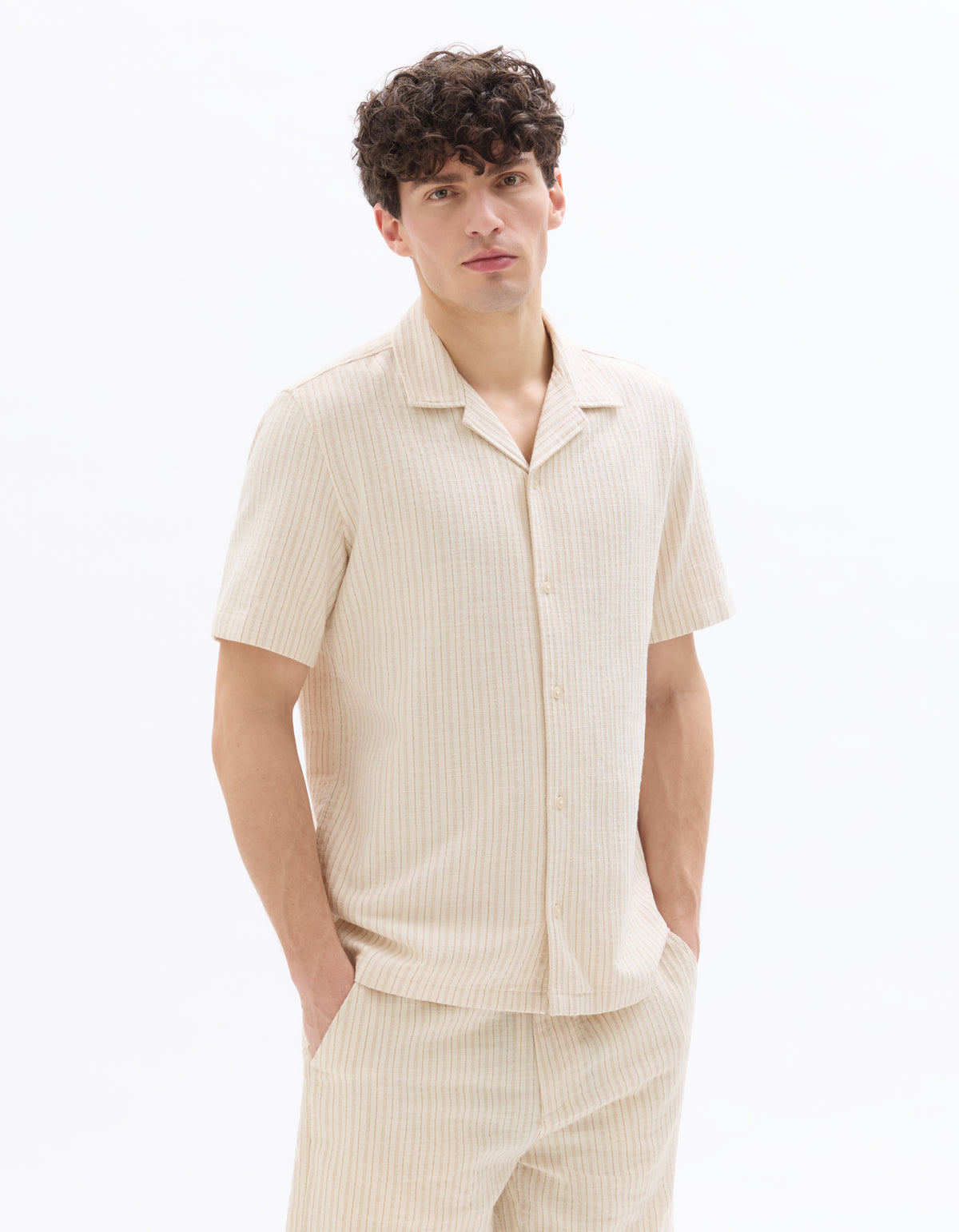 Regular Fit Cotton Blend Striped Cuban Collar Shirt - Ecru