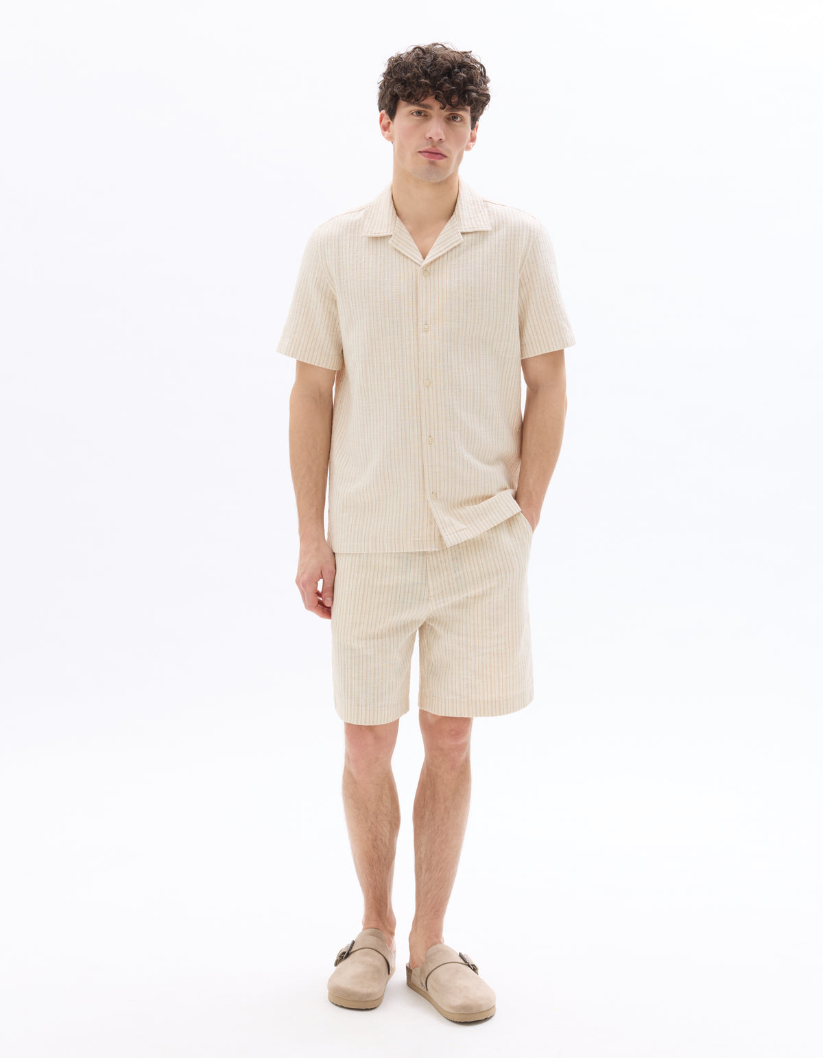 Regular Fit Cotton Blend Striped Cuban Collar Shirt - Ecru