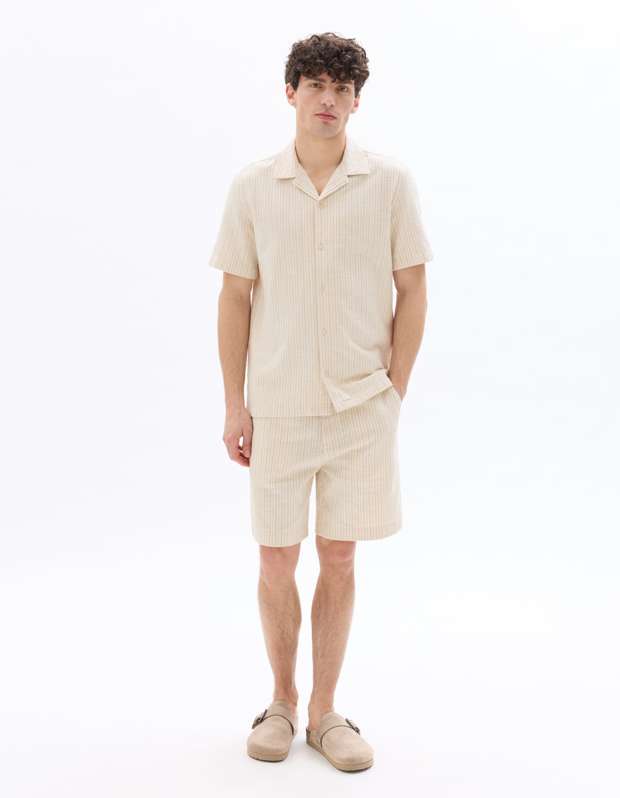 Regular Fit Cotton Blend Striped Cuban Collar Shirt - Ecru