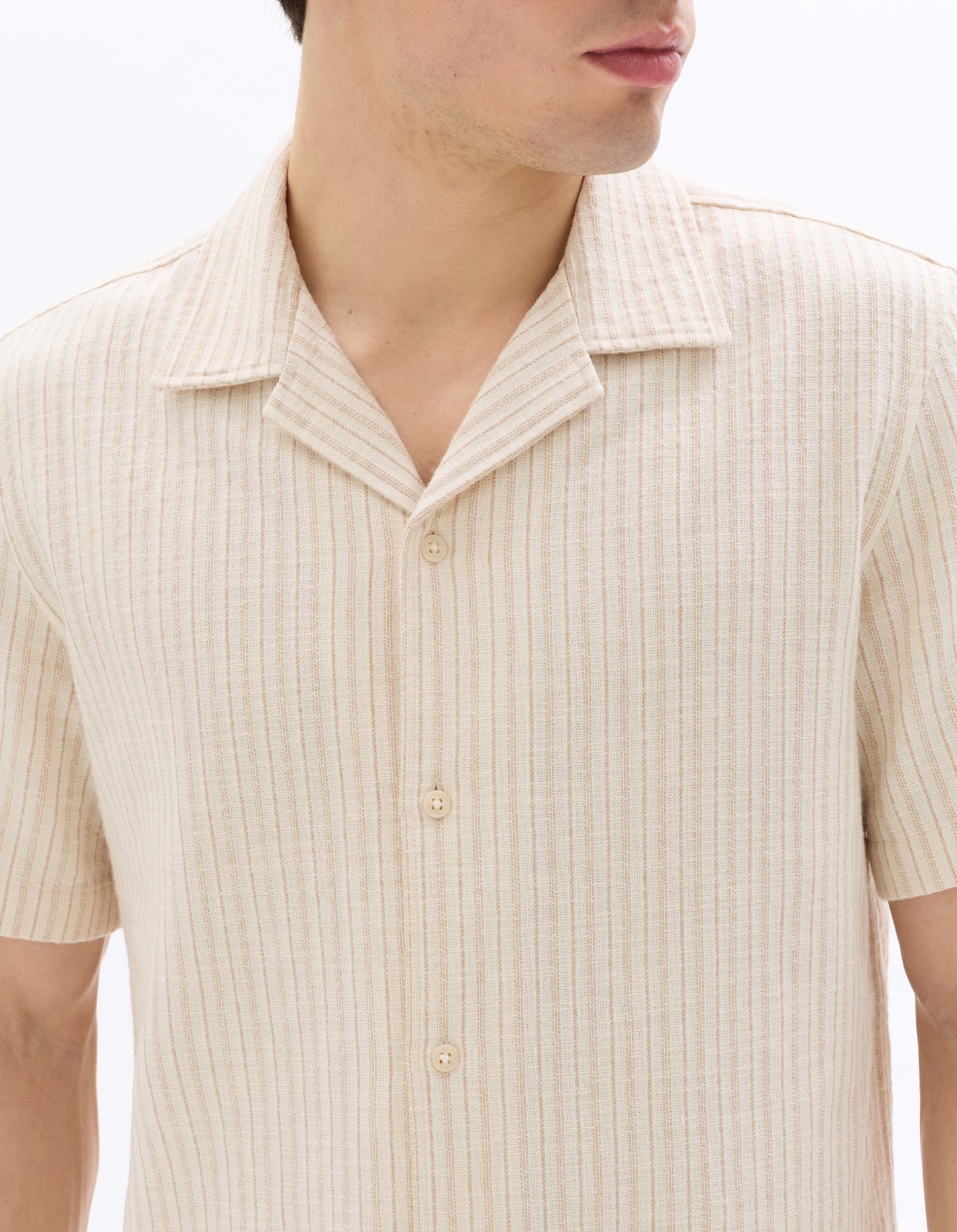 Regular Fit Cotton Blend Striped Cuban Collar Shirt - Ecru