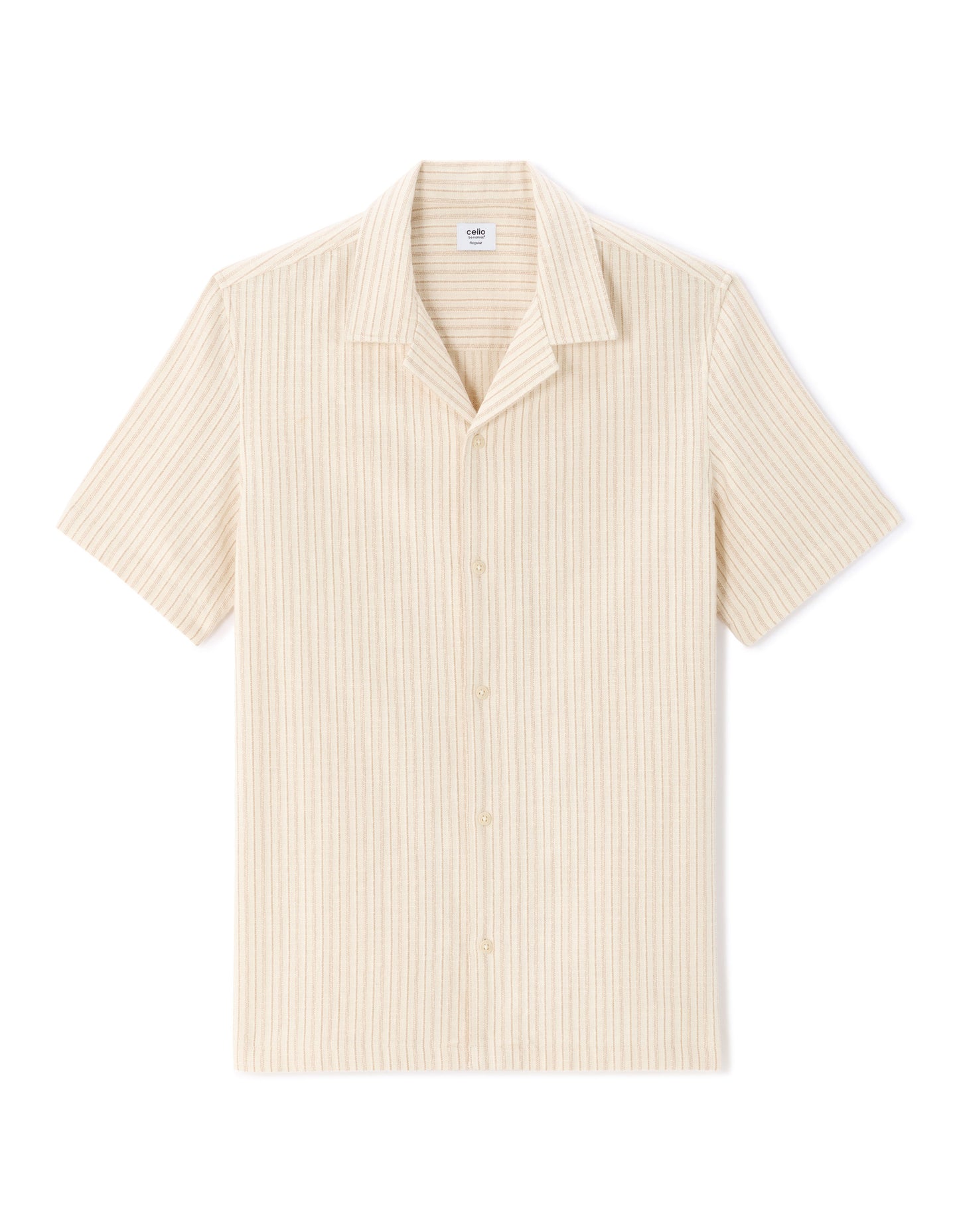 Regular Fit Cotton Blend Striped Cuban Collar Shirt - Ecru