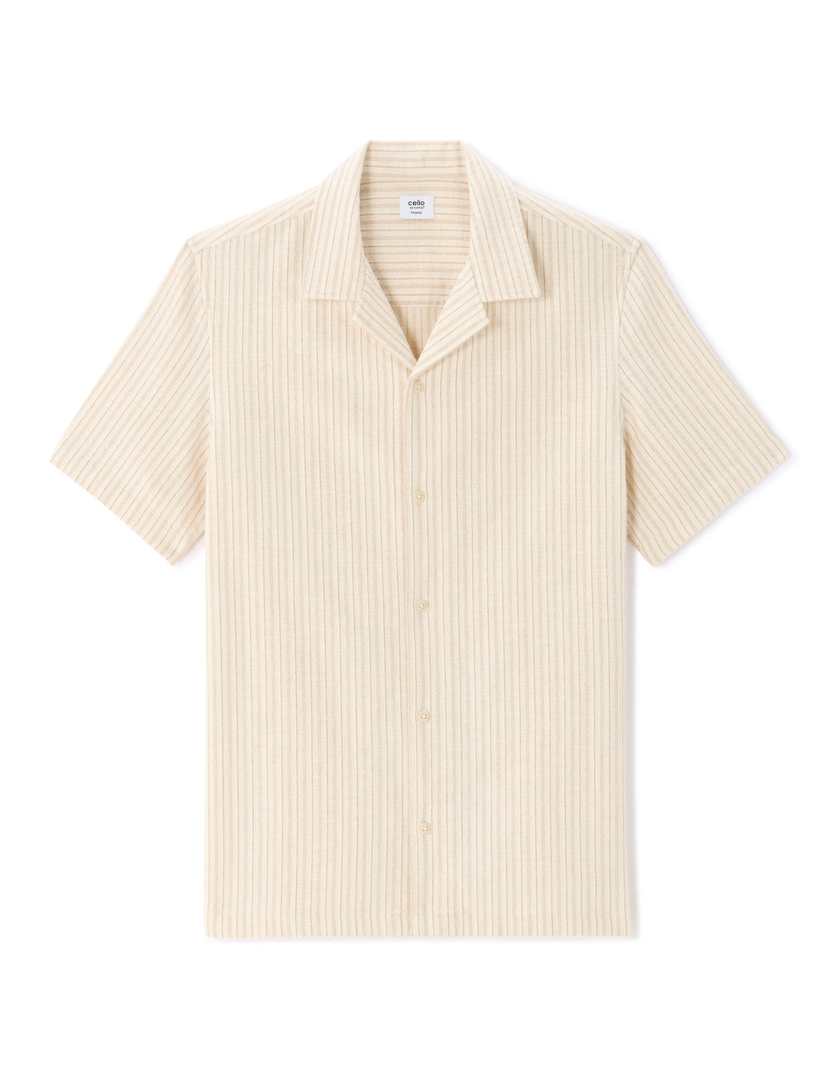 Regular Fit Cotton Blend Striped Cuban Collar Shirt - Ecru