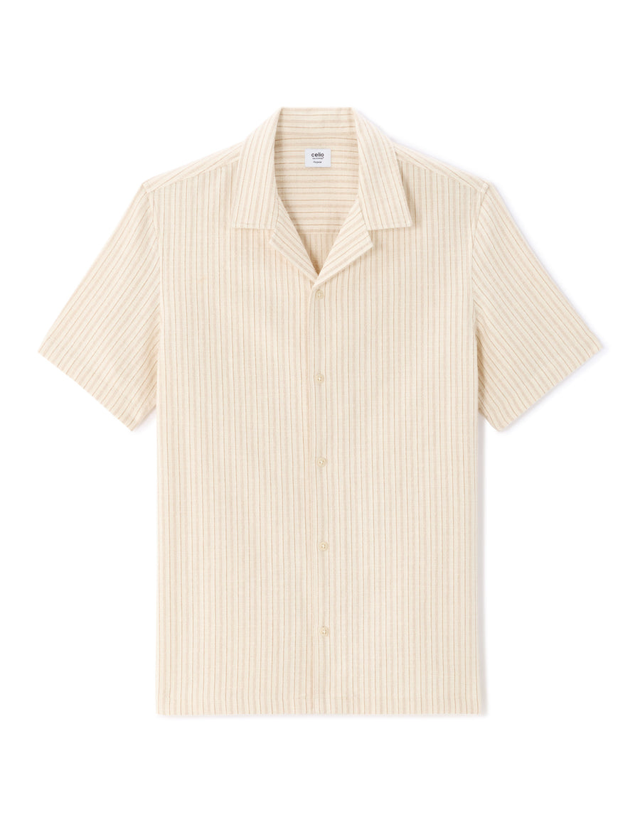 Regular Fit Cotton Blend Striped Cuban Collar Shirt - Ecru