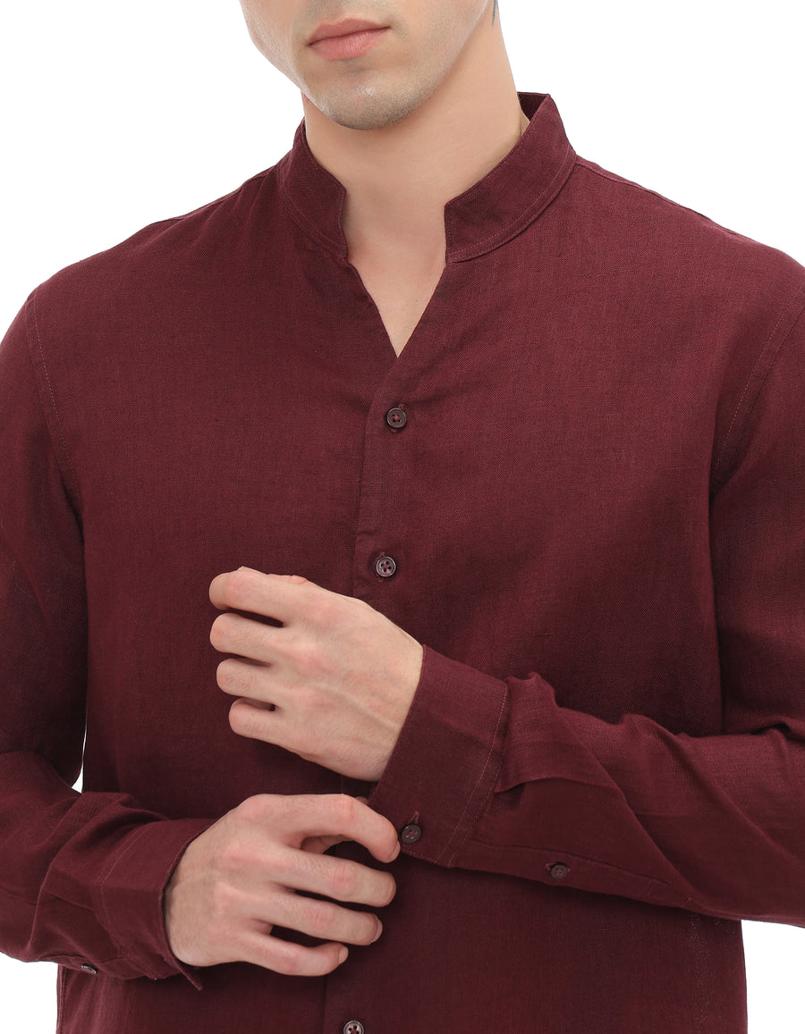 Regular Fit 100% Linen Solid Shirts - Burgundy