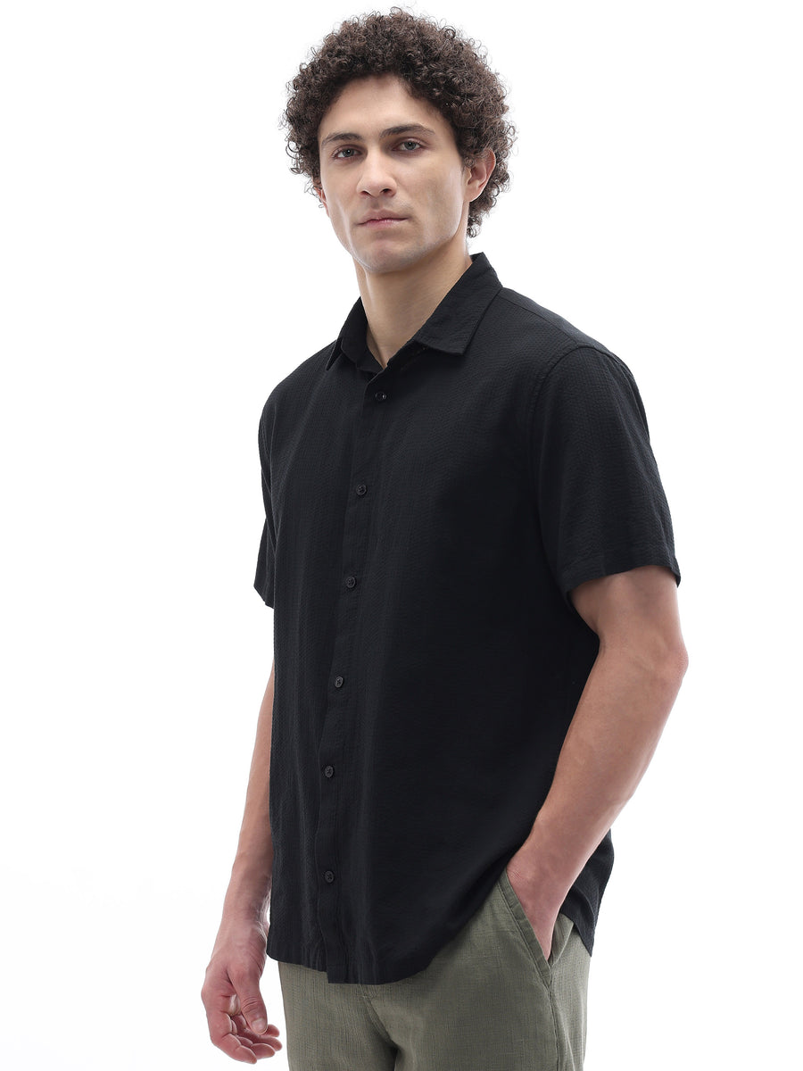 Regular Fit 100% Cotton Textured Shirt - Black