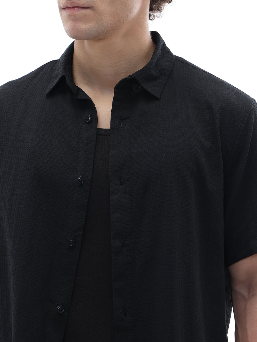 Regular Fit 100% Cotton Textured Shirt - Black
