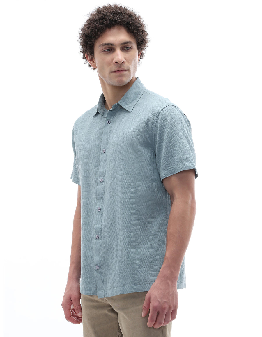 Regular Fit 100% Cotton Textured Shirt - Blue