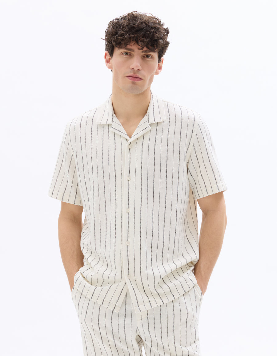 Regular Fit 100% Cotton Striped Cuban Collar Shirt - Ecru