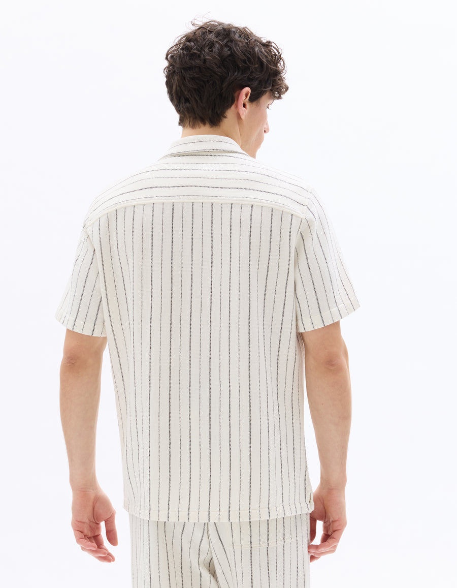Regular Fit 100% Cotton Striped Cuban Collar Shirt - Ecru