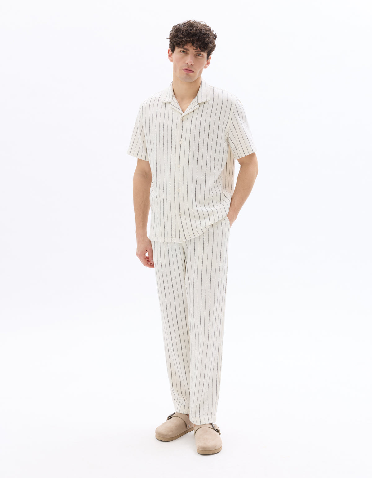 Regular Fit 100% Cotton Striped Cuban Collar Shirt - Ecru