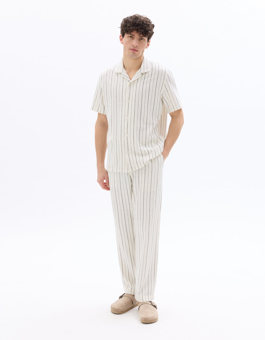 Regular Fit 100% Cotton Striped Cuban Collar Shirt - Ecru