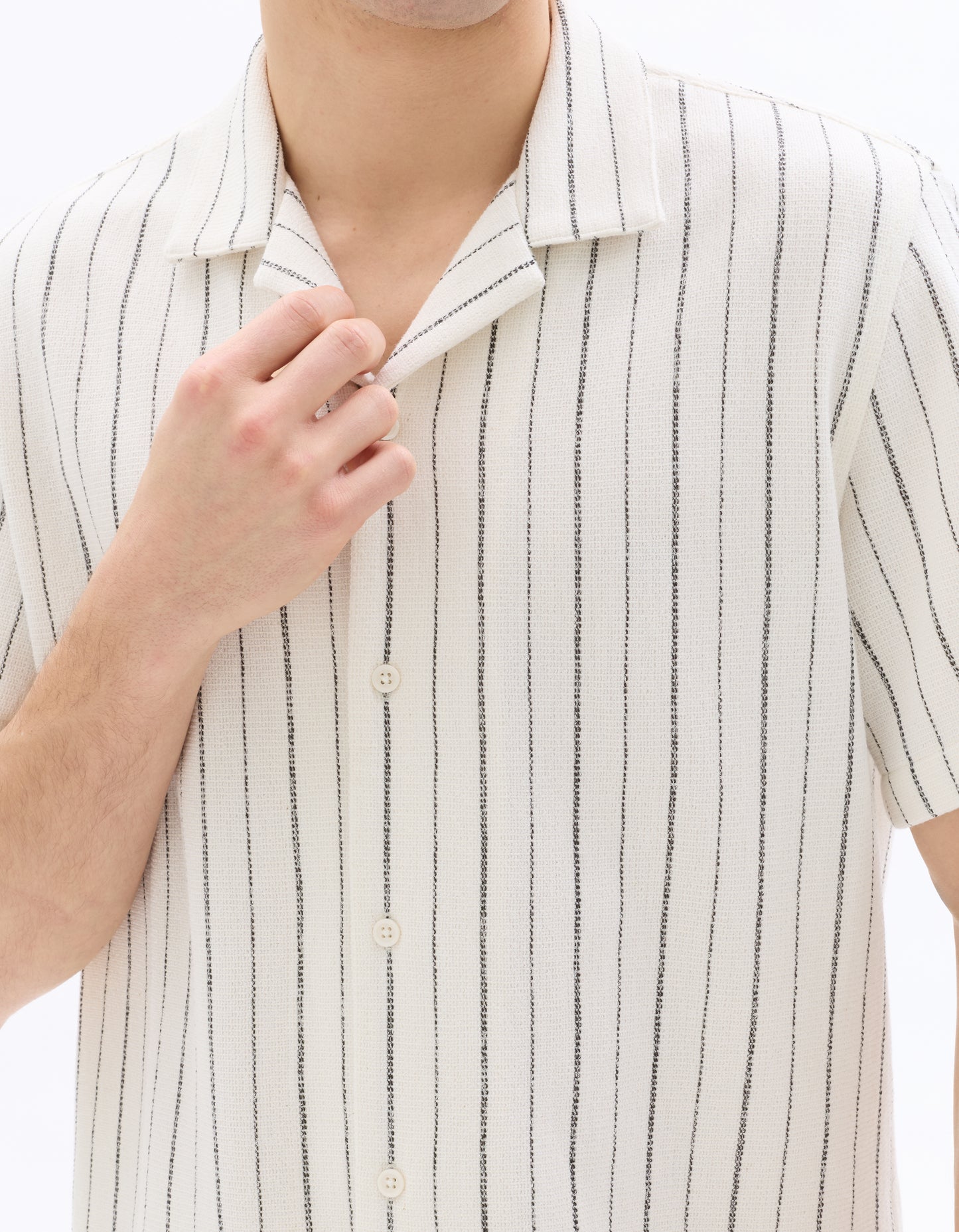 Regular Fit 100% Cotton Striped Cuban Collar Shirt - Ecru