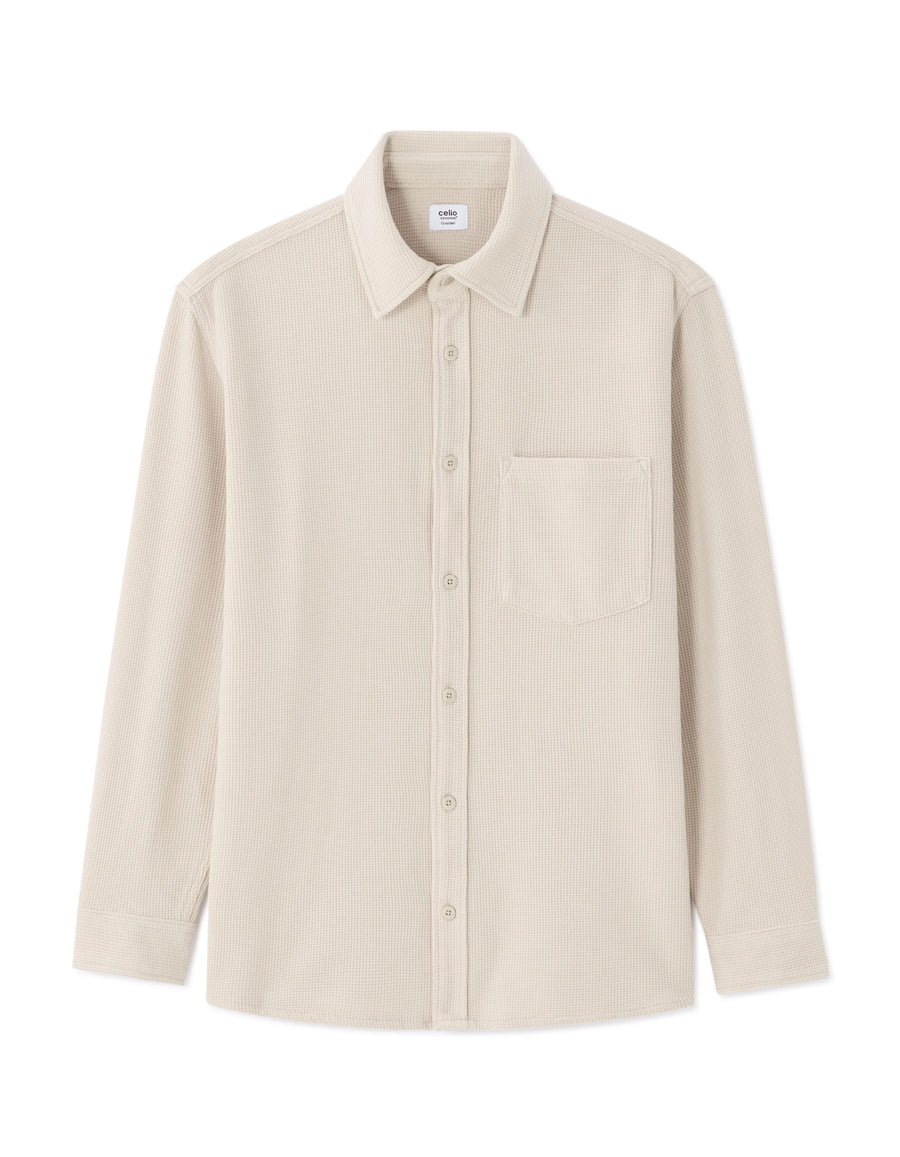 Oversized Fit Cotton Blend Spread Collar Shirt - Beige