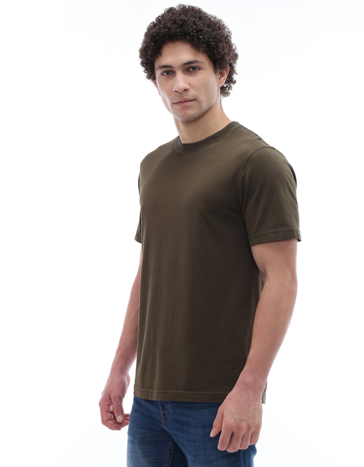 Regular Fit 100% Cotton Round Neck T-Shirt - Olive Green