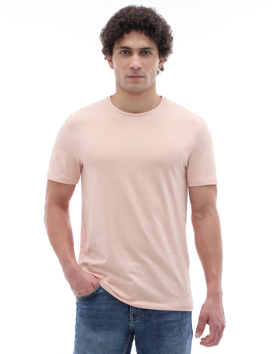 Slim Fit Stretch Cotton Crew Neck T-Shirt - Pink