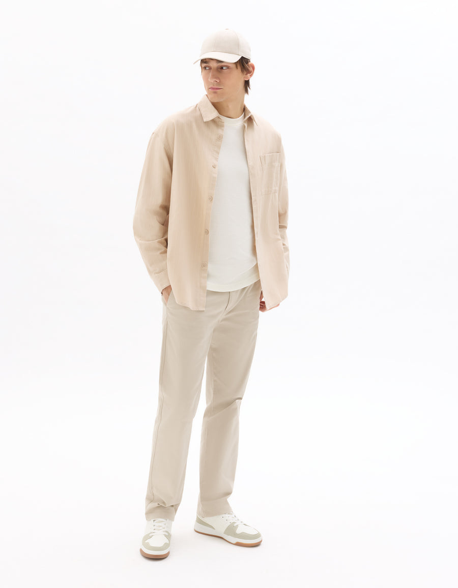 Boxy Fit Stretch Cotton Crew Neck T-Shirt - Beige