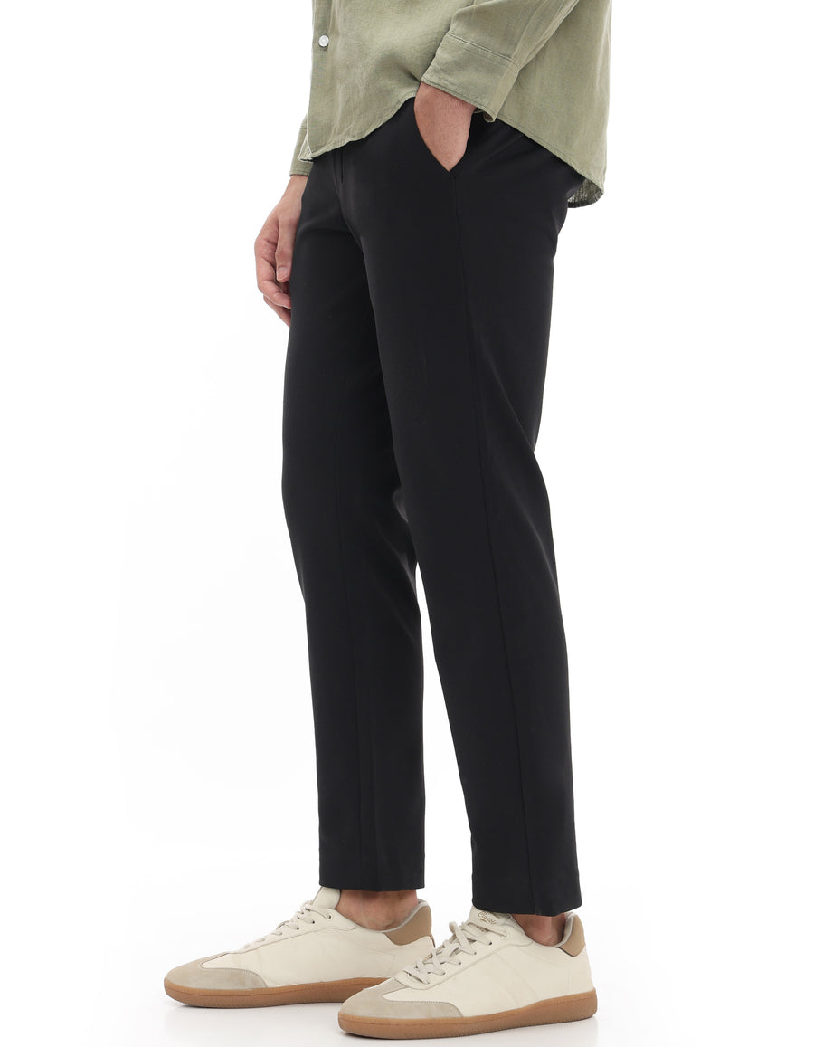 Slim Fit 100% Polyester Dobby Casual Trousers - Black